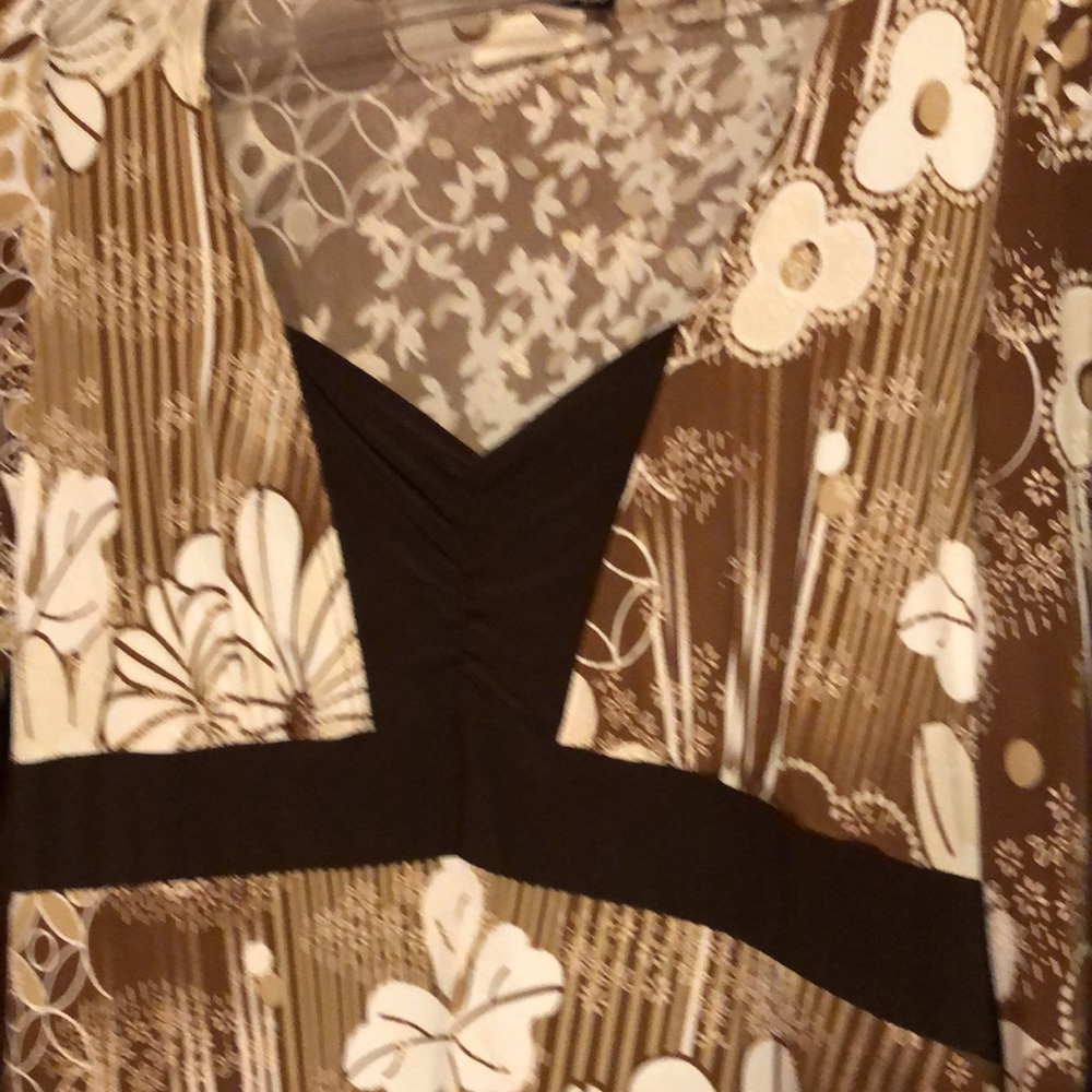 Medium brown/tan/white floral & striped long sleeve blouse - Picture 3 of 9